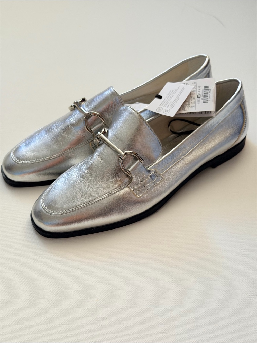 Zara Silver Metallic Leather Horsebit Loafers – Size 38 / US 7.5 (New with Tags)